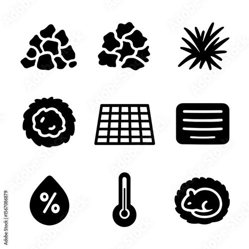 Hamster Bedding Icons. Solid, filled icon set of hamster bedding and environment: wood shavings, paper bedding, hay, nesting
