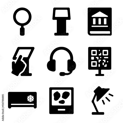 Museum Tools Icons. Solid, filled icon set of museum tools and resources: magnifying glass, info kiosk, museum guidebook,