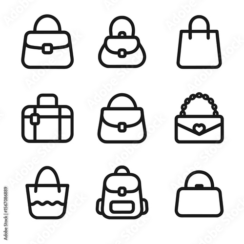 Handbag Icon Grid. Solid, filled icon set of handbag occasions: work bag, party bag, shopping bag, travel bag, casual outing bag,
