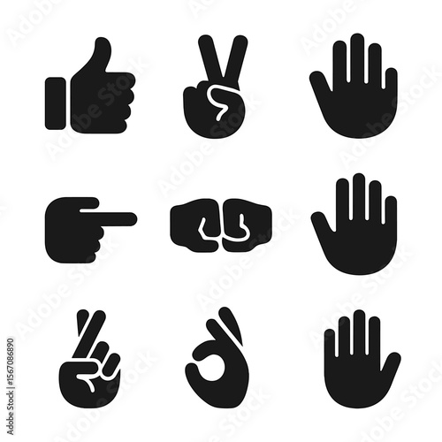Hand Gesture Icons. Solid, filled icon set of hand gestures: thumbs up, peace sign, wave, finger point, fist bump, open palm,