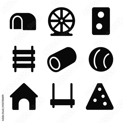 Hamster Toy Icons. Solid, filled icon set of hamster toys: tunnel, exercise wheel, chew block, rope ladder, cardboard tube, ball,