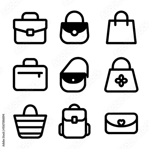 Handbag Icon Grid. Solid, filled icon set of handbag occasions: work bag, party bag, shopping bag, travel bag, casual outing bag,