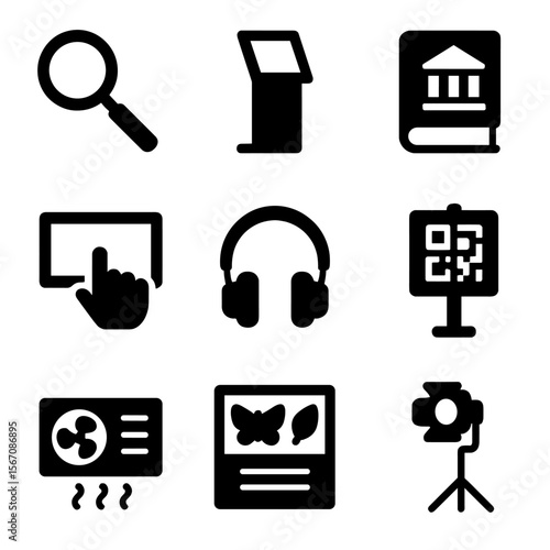 Museum Tools Icons. Solid, filled icon set of museum tools and resources: magnifying glass, info kiosk, museum guidebook,