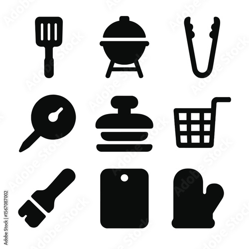 Kitchen Tool Icons. Solid, filled icon set of kitchen burger tools: spatula, grill, tongs, meat thermometer, burger press, fryer