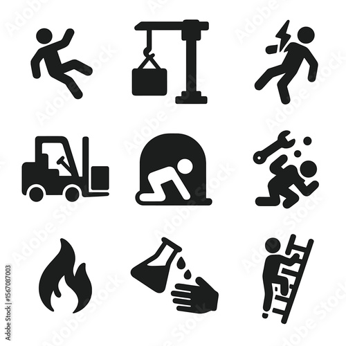 Hazard Safety Icons. Solid, filled icon set of hazardous work conditions: falling worker, crane hazard, electrical shock, heavy