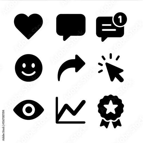 Engagement Tracking Icons. Solid, filled icons set of real-time engagement tracking: heart icon, live chat