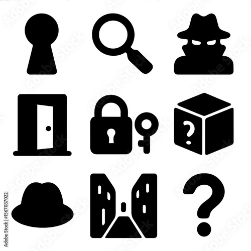 Mystery Icon Set. Solid, filled icon set of mystery: keyhole, magnifying glass, mysterious figure, question mark, hidden door,