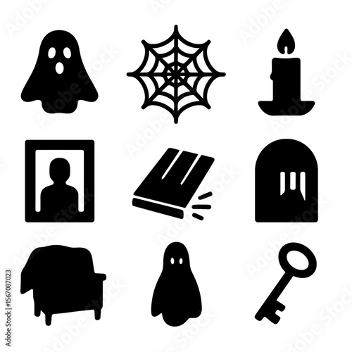 Haunting Mystery Icons. Solid, filled icon set of haunting and mystery: ghost silhouette, cobweb, flickering candle, old photo