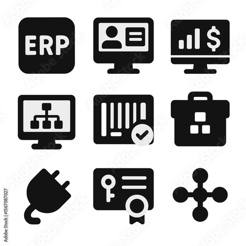 Enterprise Software Icons. Solid, filled icons set of enterprise software systems: ERP icon, HR dashboard,