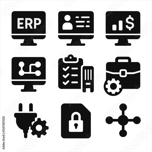 Enterprise Software Icons. Solid, filled icons set of enterprise software systems: ERP icon, HR dashboard,
