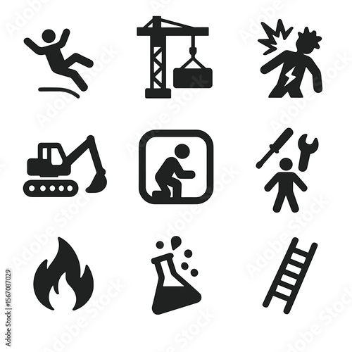 Hazard Safety Icons. Solid, filled icon set of hazardous work conditions: falling worker, crane hazard, electrical shock, heavy