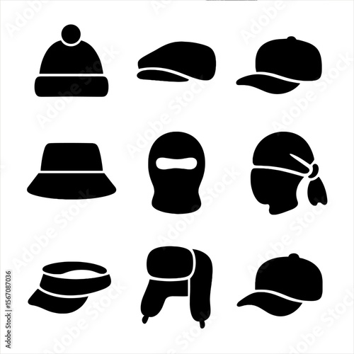 Headwear Icons Grid. Solid, filled icon set of headwear trends: beanie, flat cap, snapback, bucket hat, balaclava, durag, visor