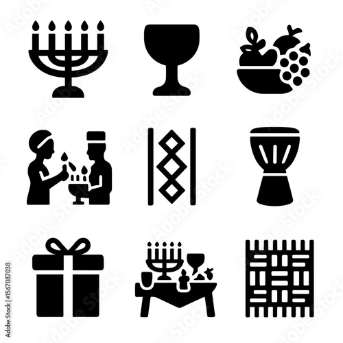Kwanzaa Celebration Icons. Solid, filled icon set of couples celebrating Kwanzaa together: kinara candle holder, unity cup, fruit