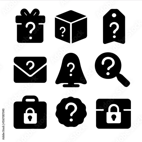 Mystery Gift Icons. Solid, filled icon set of mystery gifts: wrapped present, mystery box, ribbon tag, secret note, hidden item,