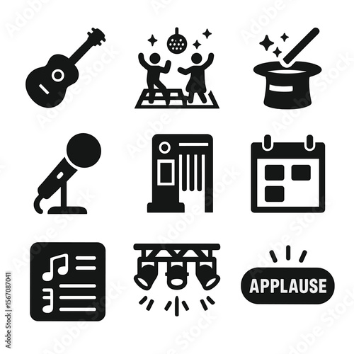 Entertainment Icon Set. Solid, filled icons set of entertainment coordination: live music, dance floor,