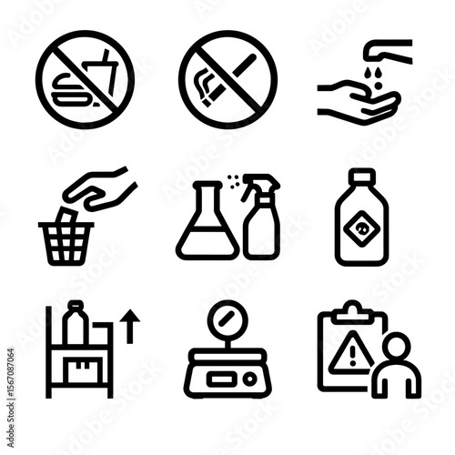 Lab Safety Icons. Solid, filled icon set of safe lab behaviors: no eating sign, no smoking sign, hand washing, proper waste