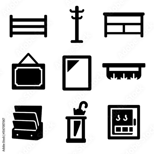 Entryway Icon Set. Solid, filled icons set of entryway woodworking pieces: shoe rack, coat hanger, bench with