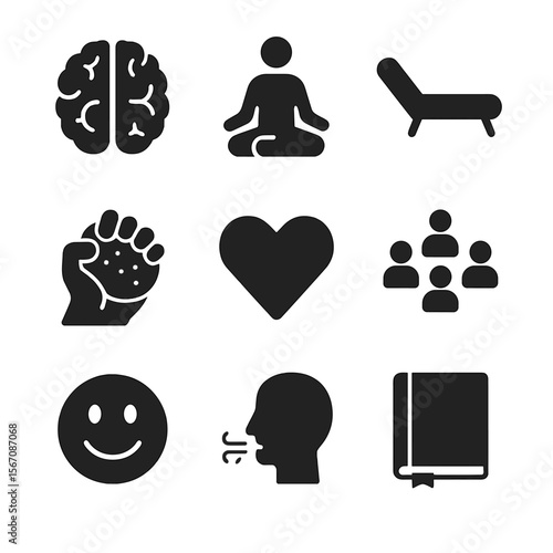 Healing Icons Grid. Solid, filled icon set of psychological factors in healing: brain, meditation pose, therapy couch, stress ball