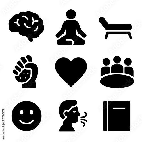 Healing Icons Grid. Solid, filled icon set of psychological factors in healing: brain, meditation pose, therapy couch, stress ball