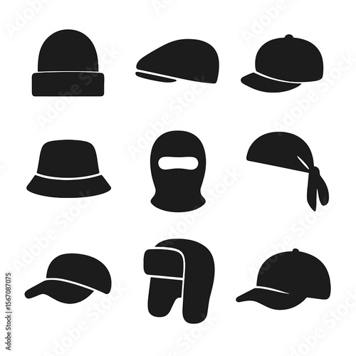 Headwear Icons Grid. Solid, filled icon set of headwear trends: beanie, flat cap, snapback, bucket hat, balaclava, durag, visor