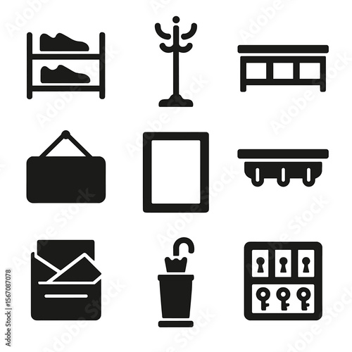 Entryway Icon Set. Solid, filled icons set of entryway woodworking pieces: shoe rack, coat hanger, bench with