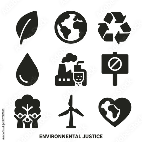 Environmental Justice Icons. Solid, filled icons set of environmental justice: green leaf, earth globe,