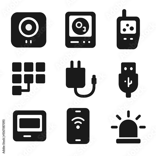 Environmental Health Devices Icons. Solid, filled icons set of environmental health devices: carbon monoxide