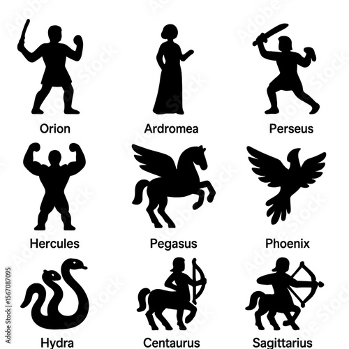 Mythical Constellation Icons. Solid, filled icon set of mythological constellation symbols: Orion (hunter), Andromeda (princess),
