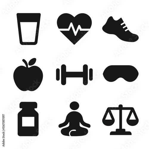Health Icon Grid. Solid, filled icon set of how to stay healthy: water glass, heart monitor, running shoe, apple icon, dumbbell,