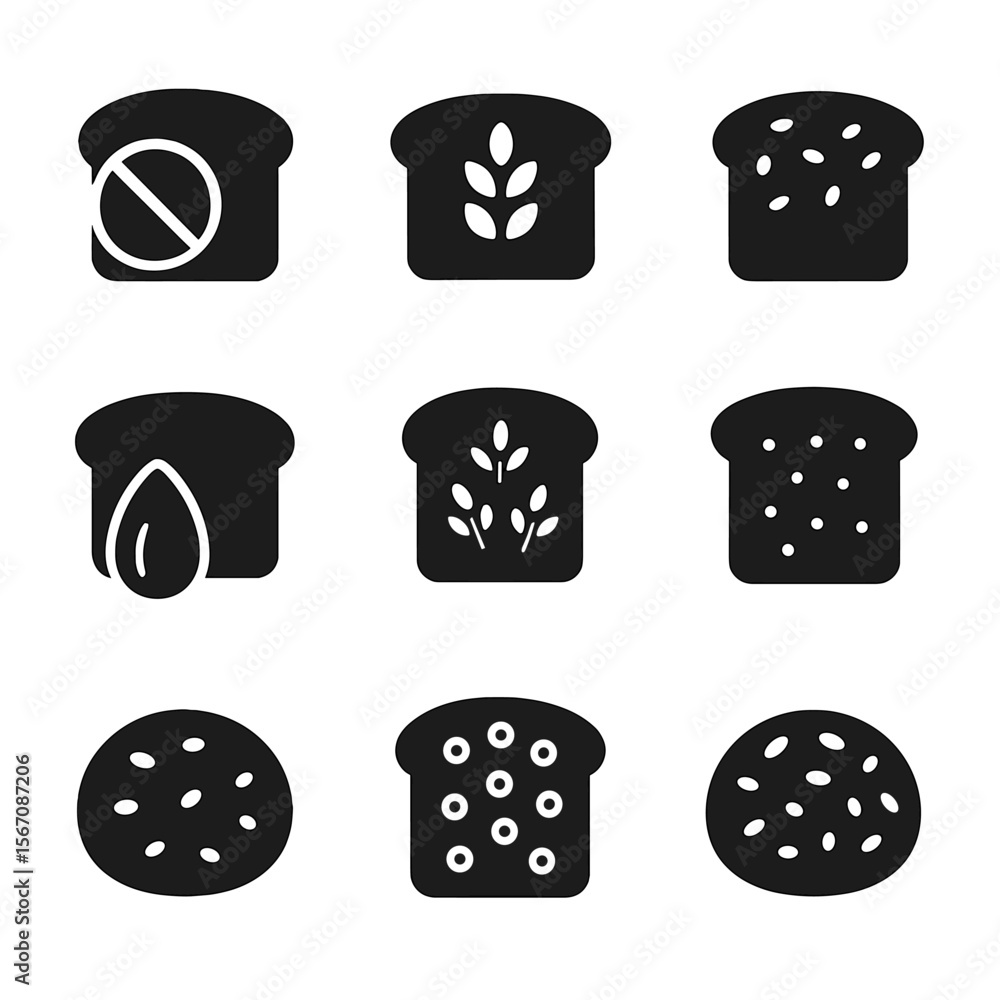 Healthy Bread Icons. Solid, filled icon set of healthy bread alternatives: gluten-free loaf, oat bread, flaxseed bread, almond Healthy Bread Icons. Solid, filled icon set of healthy bread alternatives: gluten-free loaf, oat bread, flaxseed bread, almond