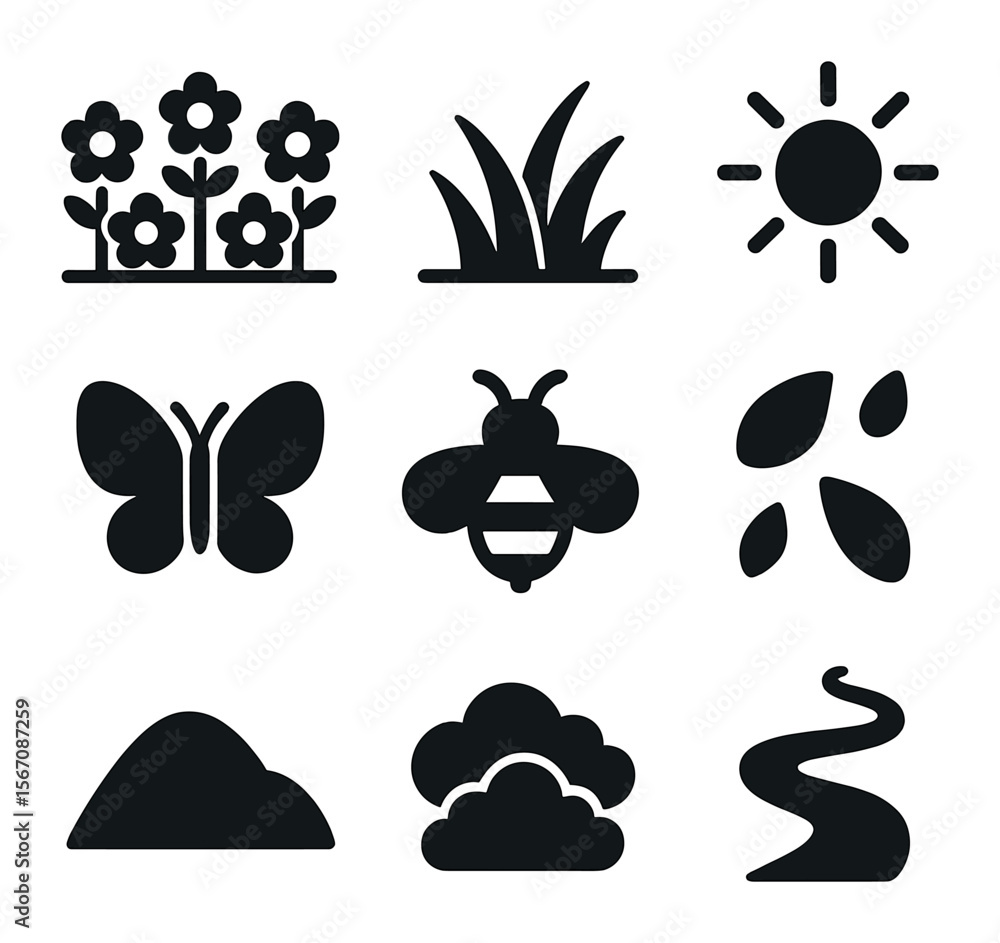 Fototapeta premium Blooming Fields Icons. Solid, filled icons set of blooming fields: flower patch, grass, sun, butterfly, bee,