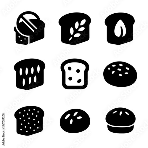 Healthy Bread Icons. Solid, filled icon set of healthy bread alternatives: gluten-free loaf, oat bread, flaxseed bread, almond
