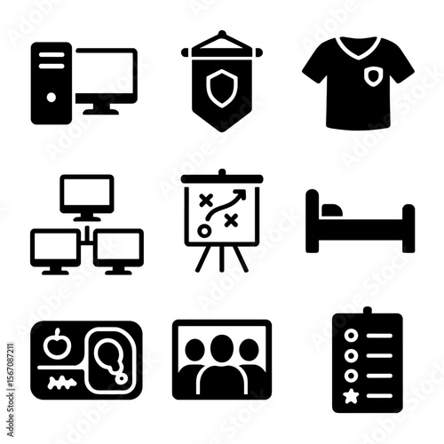 Esports Bootcamp Icons. Solid, filled icons set of esports bootcamp essentials: training PC, team banner,