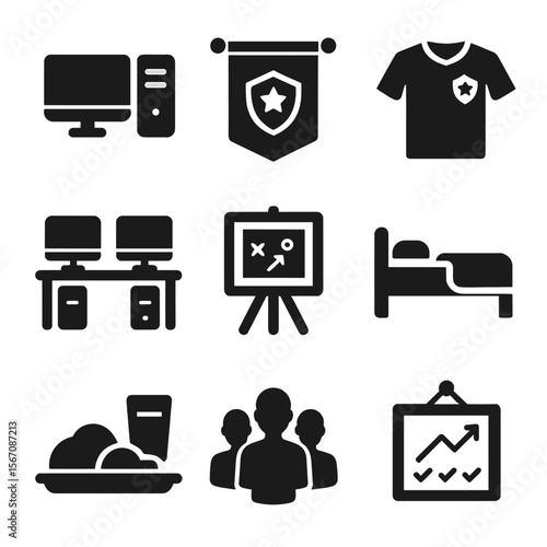 Esports Bootcamp Icons. Solid, filled icons set of esports bootcamp essentials: training PC, team banner,