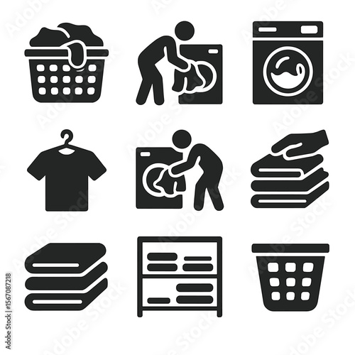 Laundry Workflow Icons. Solid, filled icon set of daily laundry workflow: full basket, loading washer, wash cycle, unload dryer,