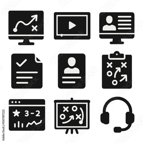 Esports Coaching Icons. Solid, filled icons set of esports coaching tools: screen annotation, demo viewer, VOD
