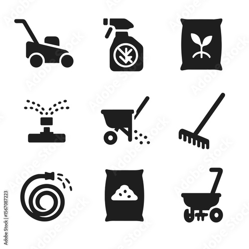 Lawn Care Icons. Solid, filled icon set of lawn care against weeds: lawn mower, weed killer bottle, fertilizer bag, sprinkler,