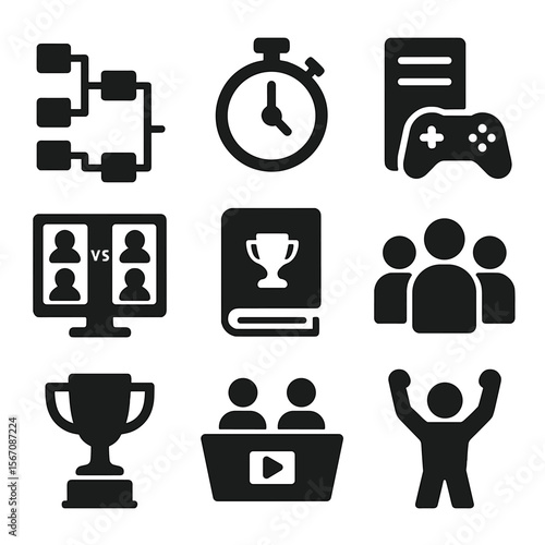 Esports Tournament Icons. Solid, filled icons set of esports tournament simulation: bracket chart, timer