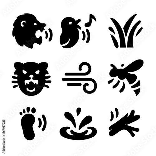 Nature Sounds Icons. Solid, filled icon set of nature sounds and signals: roaring lion, bird call, rustling grass, animal growl,