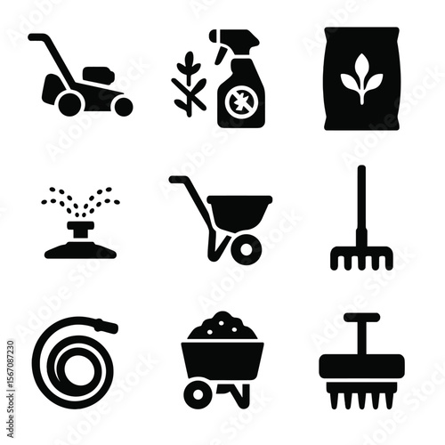 Lawn Care Icons. Solid, filled icon set of lawn care against weeds: lawn mower, weed killer bottle, fertilizer bag, sprinkler,