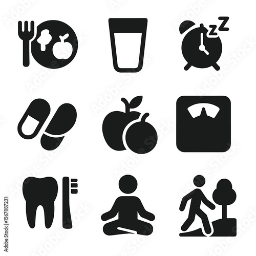 Healthy Habits Icons. Solid, filled icon set of healthy habits: balanced diet, water glass, sleep clock, vitamin pill, fresh fruit