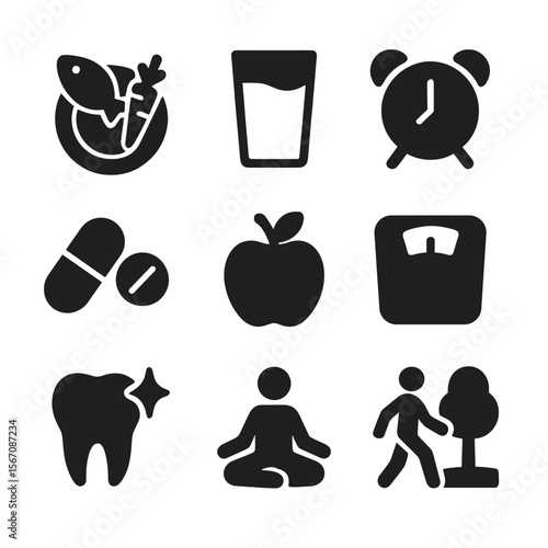 Healthy Habits Icons. Solid, filled icon set of healthy habits: balanced diet, water glass, sleep clock, vitamin pill, fresh fruit