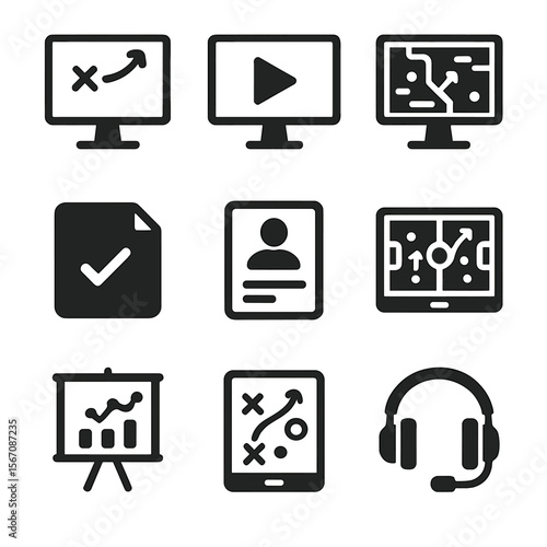 Esports Coaching Icons. Solid, filled icons set of esports coaching tools: screen annotation, demo viewer, VOD
