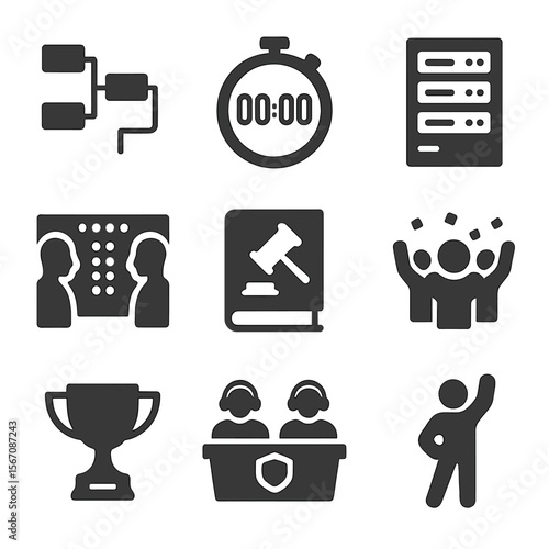 Esports Tournament Icons. Solid, filled icons set of esports tournament simulation: bracket chart, timer