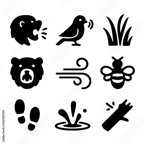 Nature Sounds Icons. Solid, filled icon set of nature sounds and signals: roaring lion, bird call, rustling grass, animal growl,