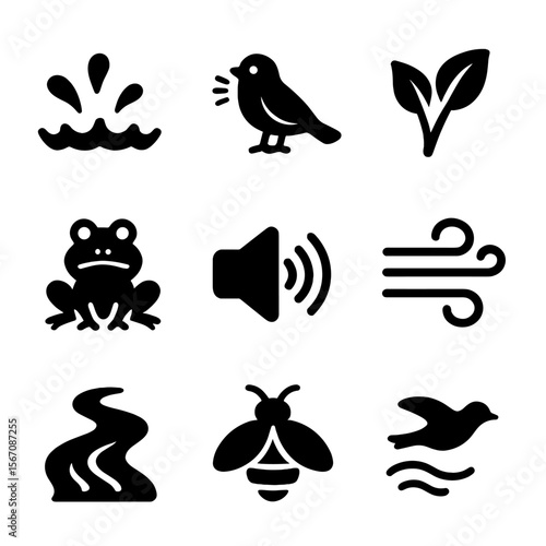 Nature Soundscape Icons. Solid, filled icon set of natural soundscape near waterfalls: water splash, chirping bird, rustling