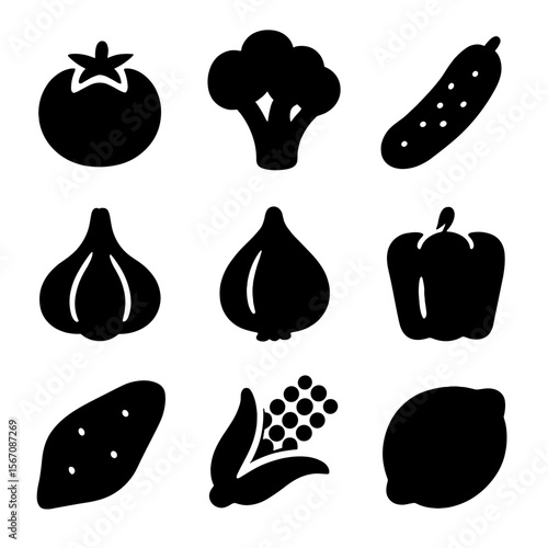 Healthy Meal Icons. Solid, filled icon set of healthy meal ingredients: tomato, broccoli, cucumber, garlic bulb, onion, bell