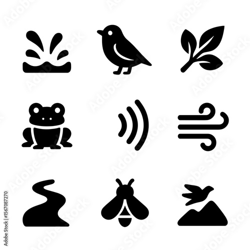 Nature Soundscape Icons. Solid, filled icon set of natural soundscape near waterfalls: water splash, chirping bird, rustling