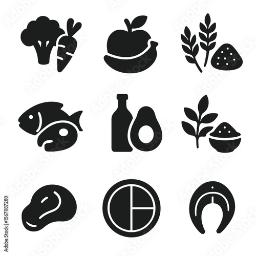 Healthy Meal Icons. Solid, filled icon set of healthy meal components: vegetables, fruits, whole grains, protein, healthy fats,