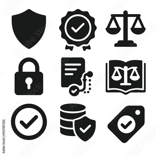 Ethical AI Icons Grid. Solid, filled icons set of ethical AI recommendations: shield icon, transparency badge,